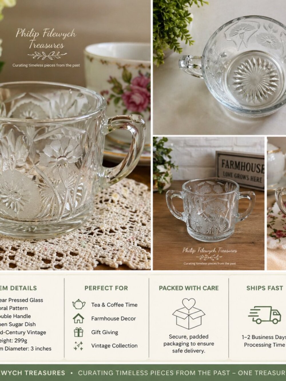 SB-11-2H-Vintage Glass Sugar Bowl Farmhouse Tea Table Decor Double Handle Floral